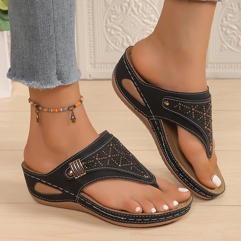 Bling Crystal Soft Platform Sandals Women Summer 2025 Clip Toe Non-Slip Wedge Sandals Woman Thick Bottom Casual Flip Flops