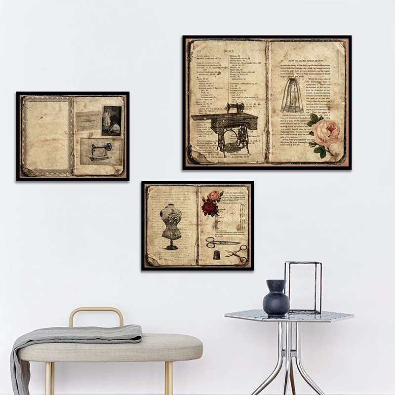 Pagine Antiche Shabby Chic Per Cucire Poster Stampa Su Tela Macchina Da Cucire Vintage Abito String Art Painting Craft Room Decoration