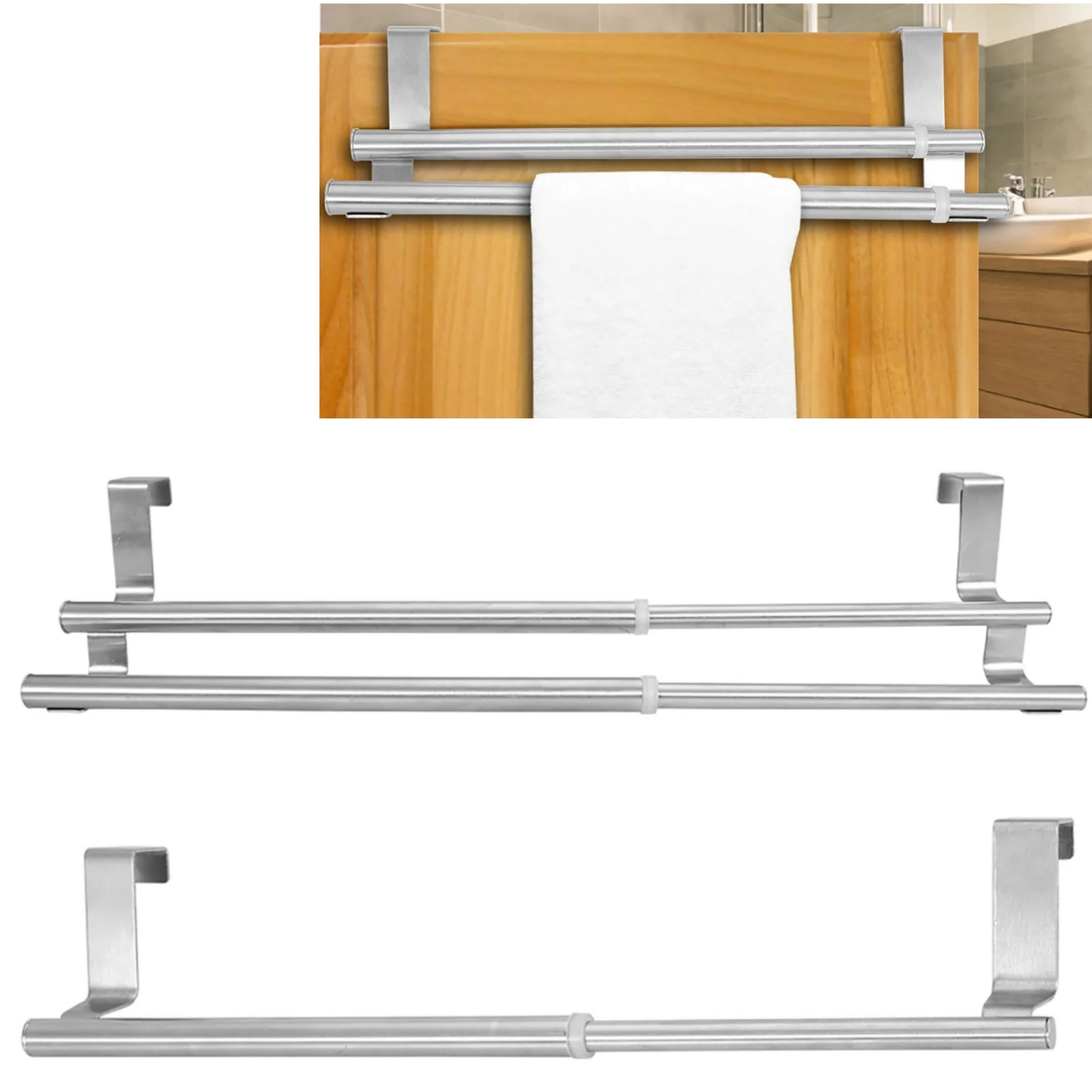 Towel Rack Towel Holder Door Hooks Bathroom Hooks Retractable Over Door Towel Bar Hanging Stainless Steel Bathroom Kitchen Cabinet Rag Rack Shelf Hanger