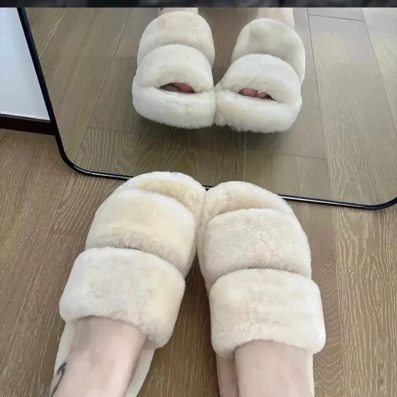 

Thick soled sheepskin and fur integrated fur slippers for women's outerwear wearing real wool flat bottomed versatile slippers