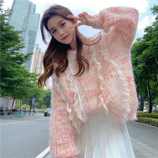 

Pink Japan Girl Pullover Woman Sweater Fairy Knit T Shirt Tops Casual Lace for Women Sweaters Fall Spring Top Coat Cloth Suétere
