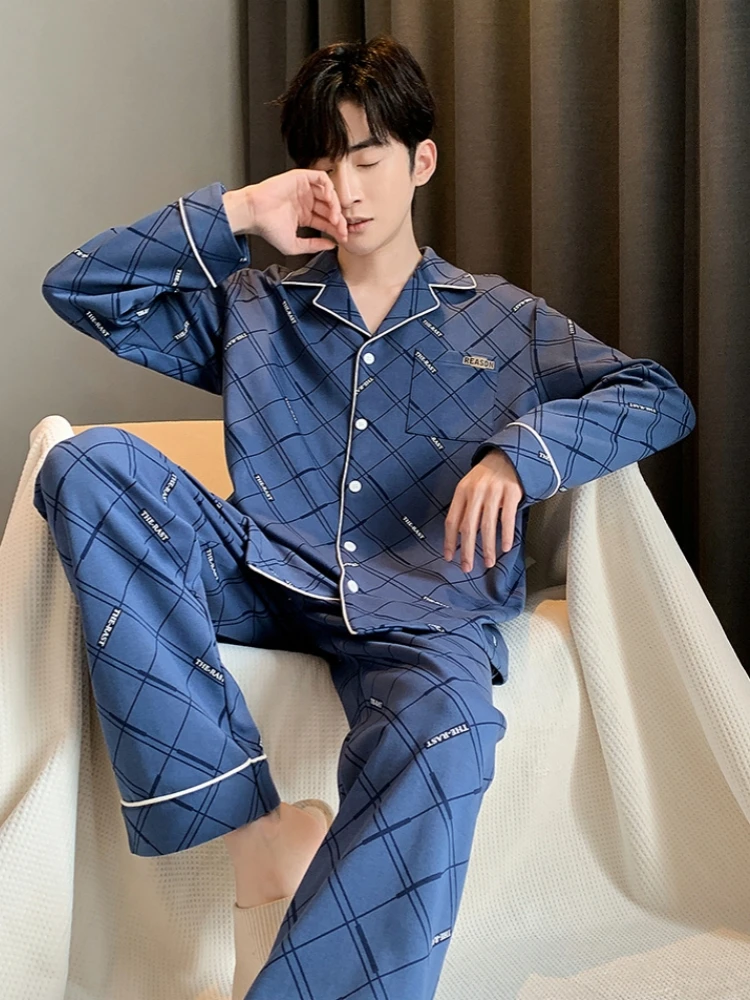 Spring Autumn Men's Pure Cotton Pajamas Long Sleeve Cardigan Pants Oversized Comfortable Casual Home Clothing Set