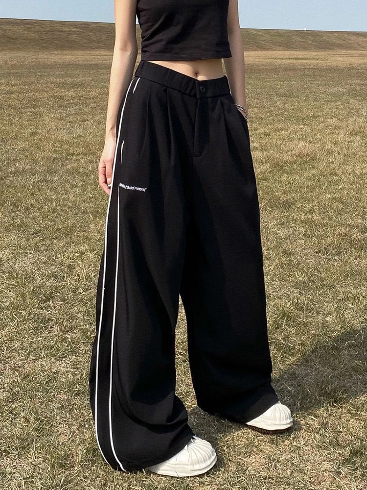 

Oversize Bf Striped Pants American Retro Women Letter Print Wide Leg Pants Fashion High Waist All Match Sweatpants