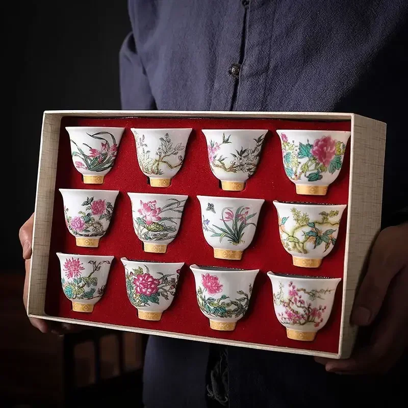 12-Pc Chinese Kung Fu Tea Set - Enamel Ceramic Cups with Floral DeitiesDesign Gift Box for Tea Ceremony/Gifting (Floral Pattern)
