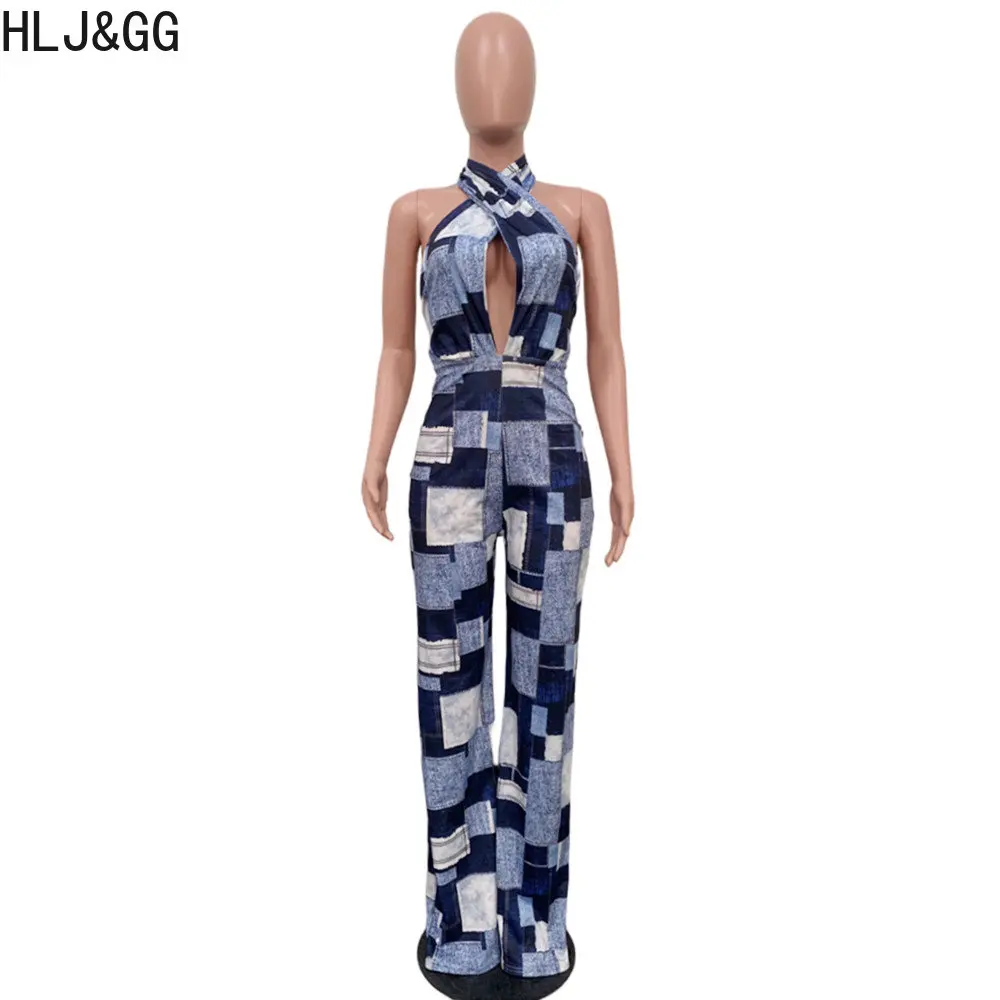 HLJ&GG Blue Sexy Denim Color Patchwork Jumpsuits Women Hollow Out Halter One Piece Playsuits Casual Plaid Printing Overalls 2023