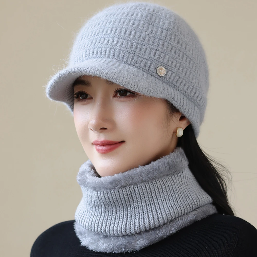 New Women Winter Hat Fashion Warm Set Plush Fur Lined Warm Hats For Female Casual Rabbit Fur Winter Outdoor Knitted Cap Suit