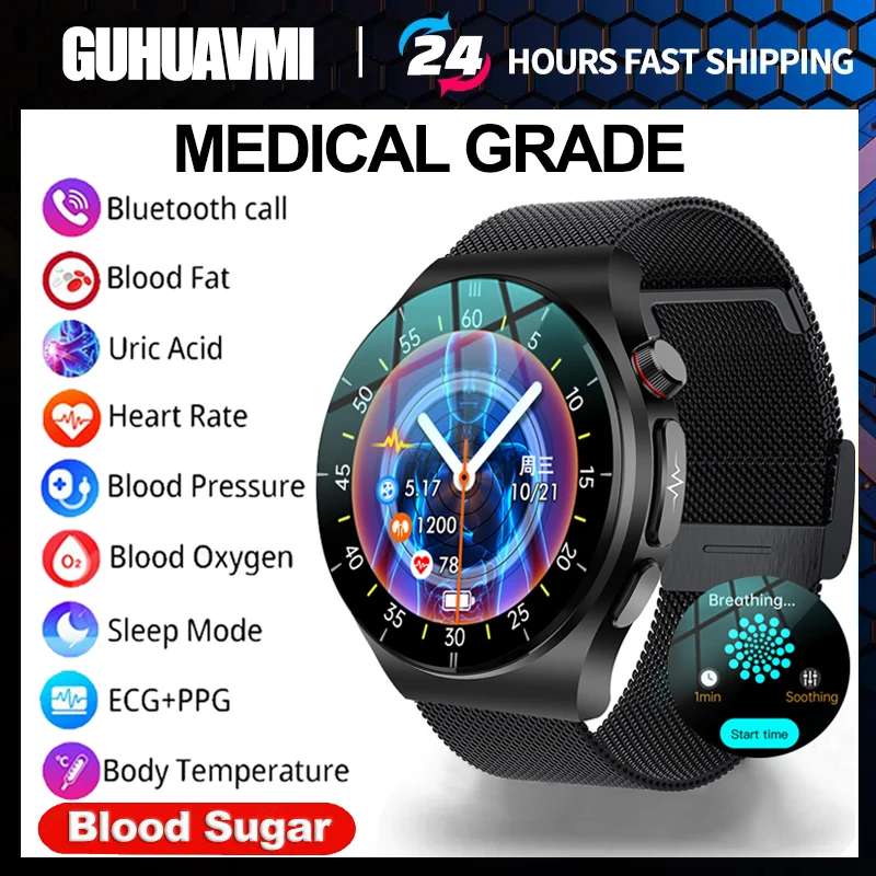 비침습성 혈당 스마트 워치 혈액 지질 요산 건강 모니터, ECG + PPG 스포츠, 블루투스 통화 스마트 워치, 남성 및 여성용