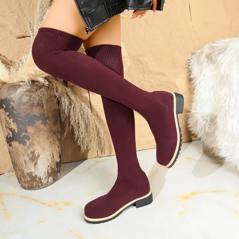 Women Over The Knee Knitted Sock Boots Burgundy Block Heel Warm Winter Fall Fashion Shoes for Women Casual Non Slip Footwear