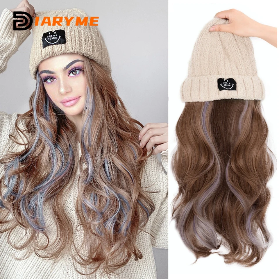 Hat Wig Beanies Hat With Hair Wigs For Women Synthetic Long Wavy Hair Warm Soft Ski Knitted Autumn Winter Cap Heat Resistant Fi