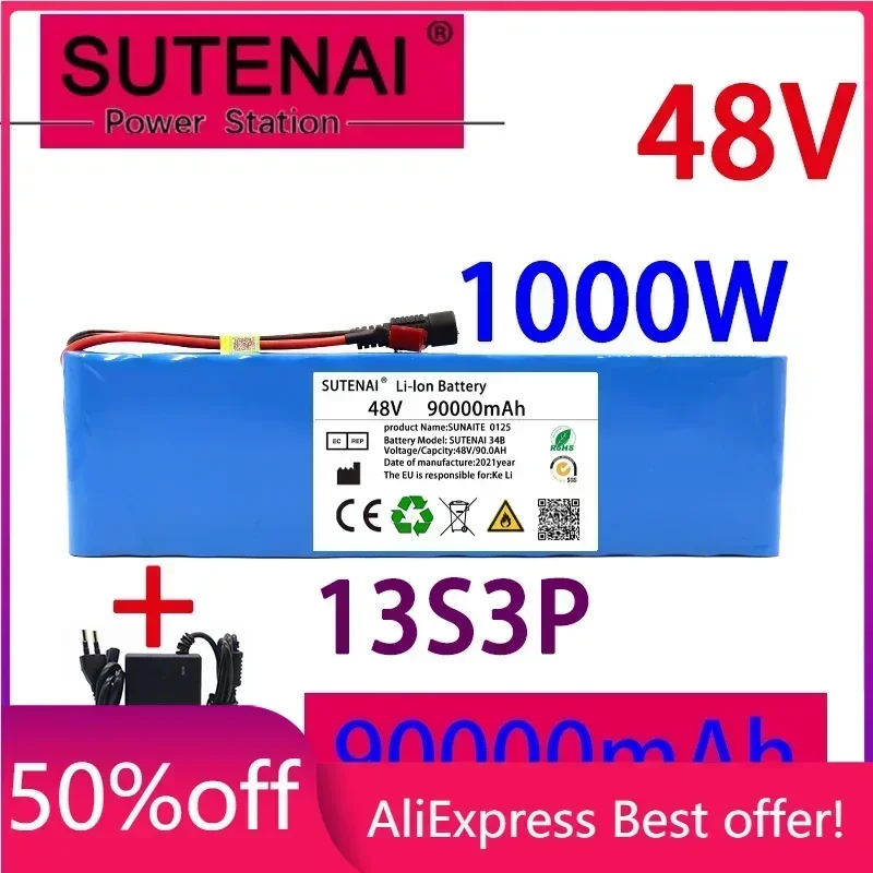 

Литий-ионный аккумулятор 48v90ah 1000W 13s3p 48V 18650 для электровелосипеда скутера 54,6 V с зарядным устройством BMS + 54,6 V + резервная батарея