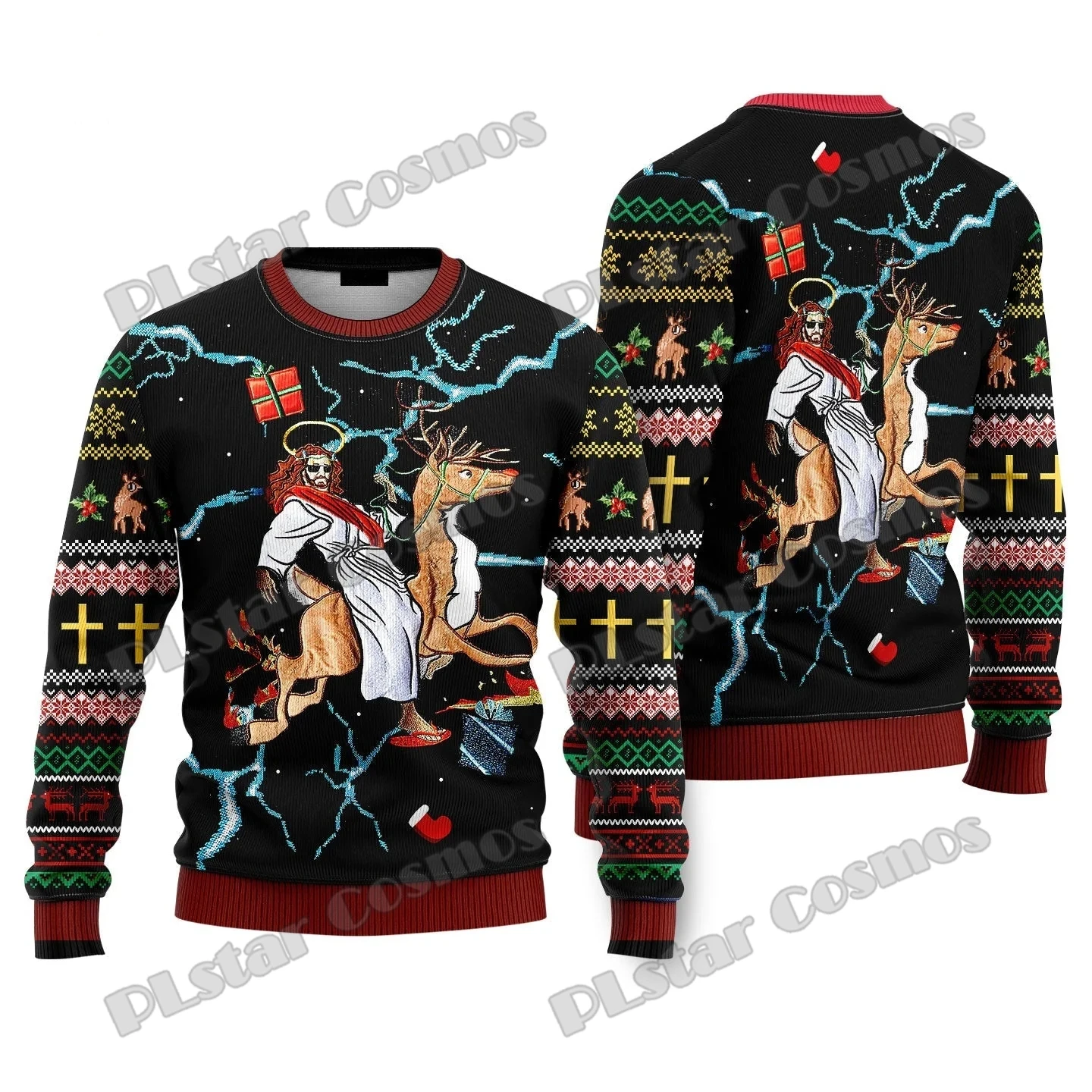 thumbnail image 1 of Suéter navideño feo con estampado 3D de Jiu Jitsu con Jesús te respalda para hombres y mujeres, suéter de punto cálido e informal para invierno MY20, 1 of 5