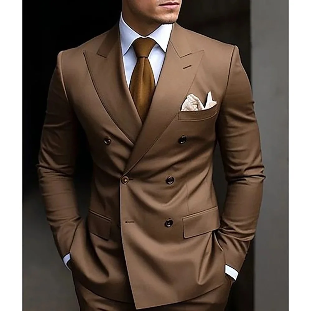 

Men's Suits High Quality Brown Peaked Lapel Formal Blazer Double Breasted Bespoke Double Breasted Slim Fit Jacket Pants 2 Piece
