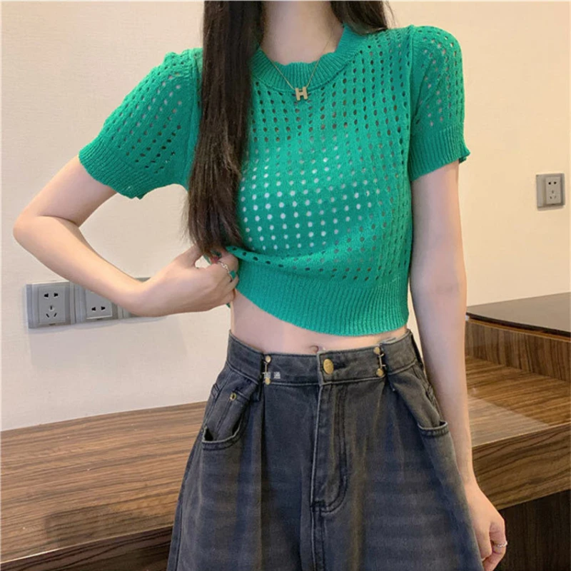 

Round neck small short sleeve hollow spice girl design sense knitted pullover T-shirt 2023 trend new