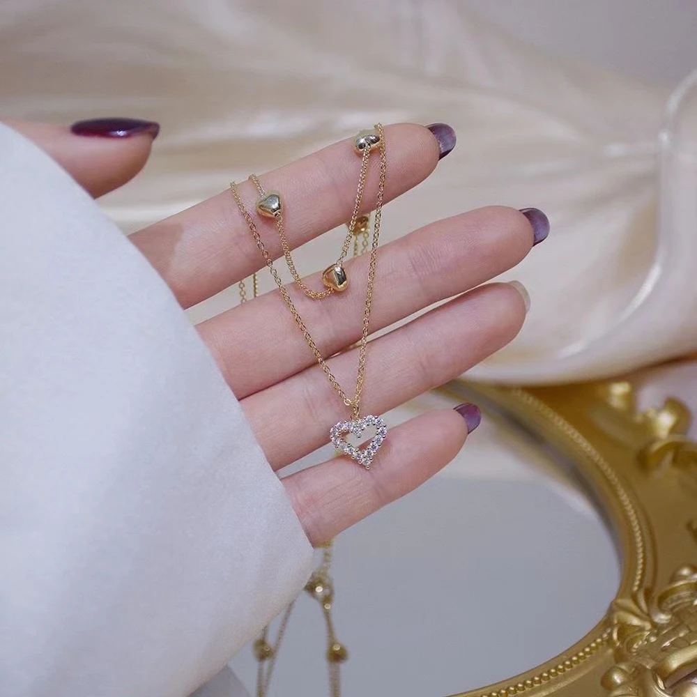 Gold Color Double Layer Heart Necklace Zircon For Women Clavicle Chain Elegant Charm - Image 4