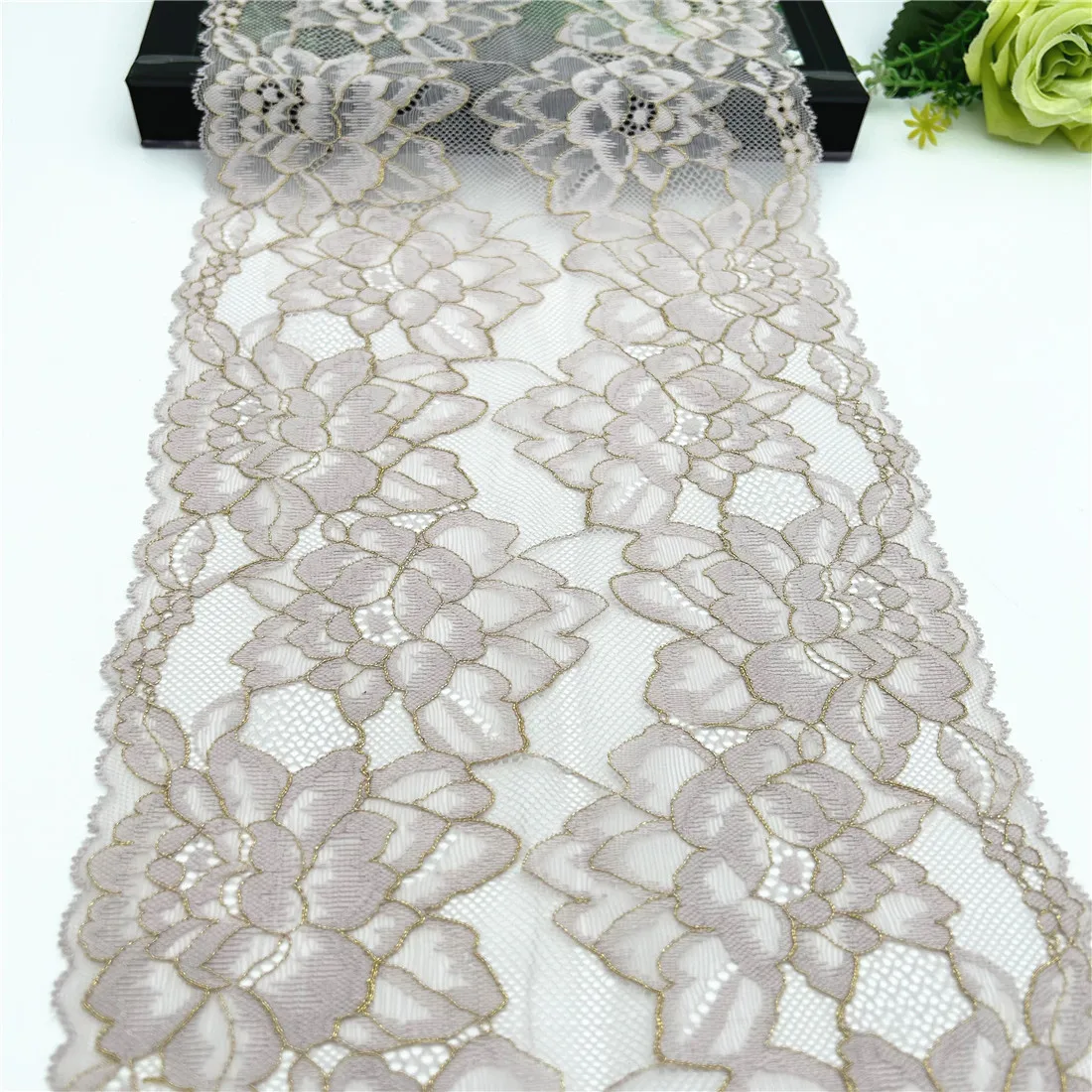 3y/lot Width 21cm Pale Lilac Gold Elastic Lace Trim For Lingerie Sewing Craft DIY Apparel Fabric Lace Wedding Garment Material 4