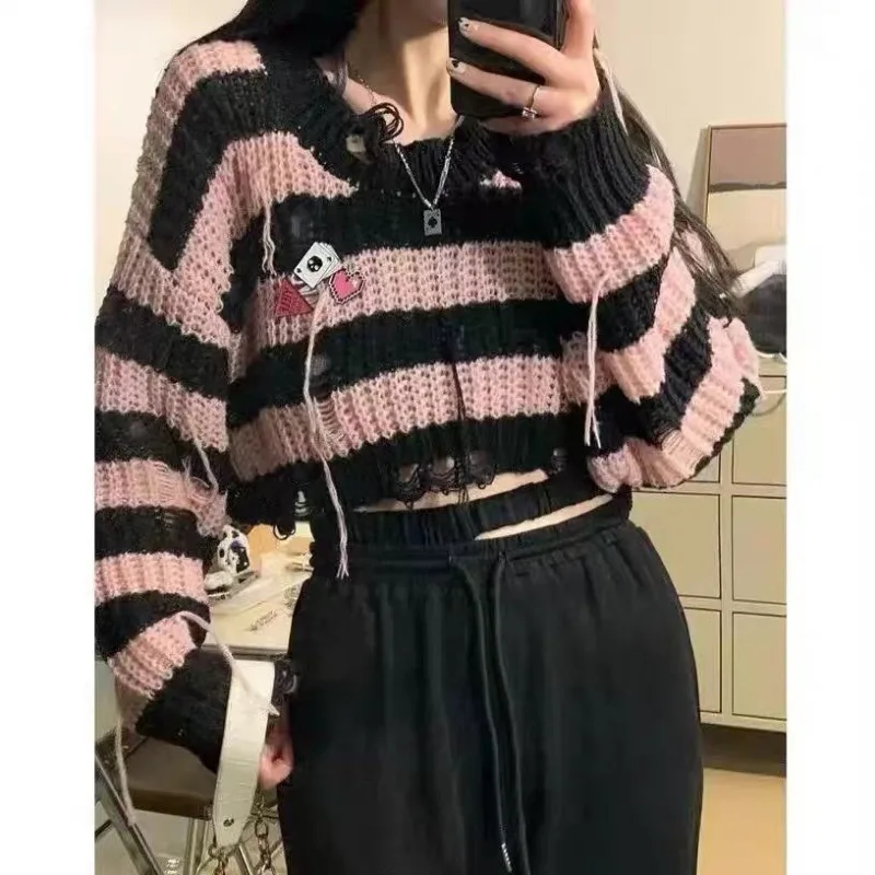 

Streetwear Y2k Clothes Knitted Sweater Women Tops Stripe Crop Tops Coats Kawaii Clothing Loose Pullover Long Sleeve Top Korean