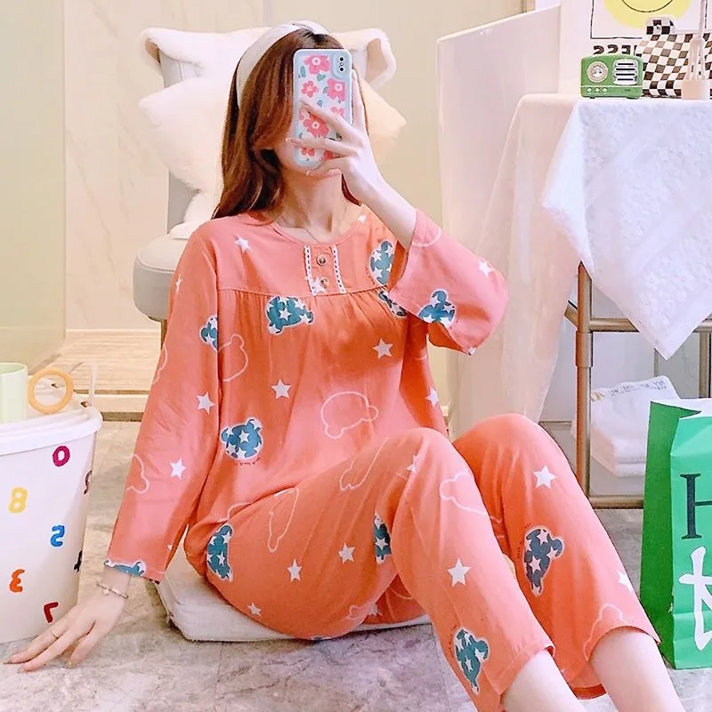 

2023 New Cotton Silky Women Long Sleeve Thin Pajama Set Cute Cartoon Student Loungewear Spring Summer Homewear O-neck Nightwear