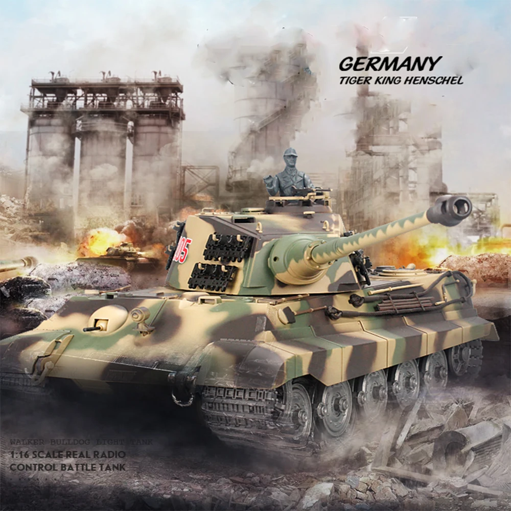 Remote Control Tank Heng Long 1/16 7.0 German henter King Tiger 3888A Turret Barrel Recoil BB Shoots Smoke Effect