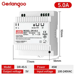 High - Efficiency Industrial DIN Rail Power Supply, 100 - 240VAC Input, Single Output: 5V/12V/24V, 15W - 60W Range (DR 45W 5V)