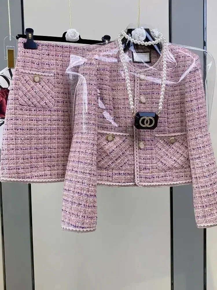 

Women Elegant Vintage Tweed Fragrant Y2K Suit Jacke Coat Top And Skirt Two Piece Set Outfit Winter Jacquard Party Chic Clothing