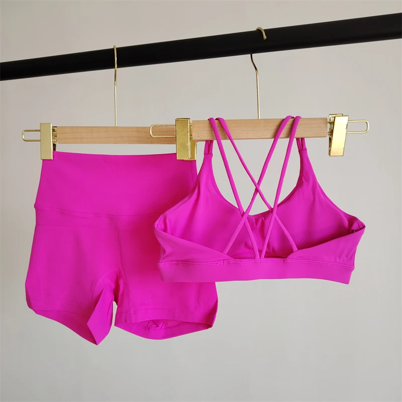 2 Piece Solid Color Yoga Suit Shorts Suit Gym Women Sportswear Running Exercise Pilates Tight High Waist Spice Girl Fitness