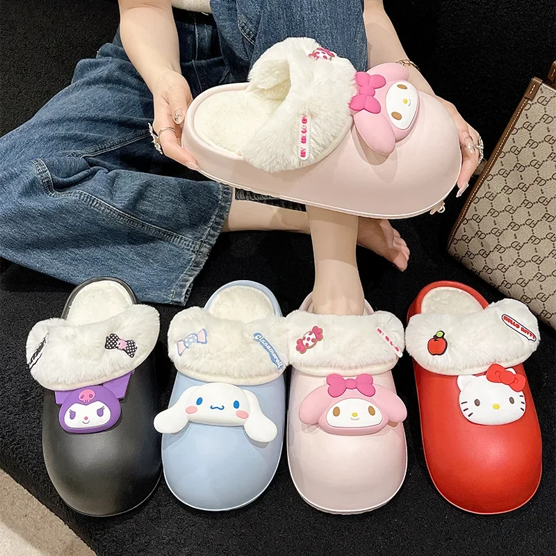 

Kawaii Sanrio, Hello Kitty My Melody хлопковые тапочки женские зимние Симпатичные шлепанцы мультфильм Cinnamoroll Kuromi теплые мягкие Тапочки