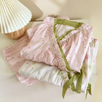 2026 New Spring and Autumn Women's Kimono Set 100% Cotton Gauze Chinese style Cardigan Long Sleeve Loose Simple Pajama Set - Image 2