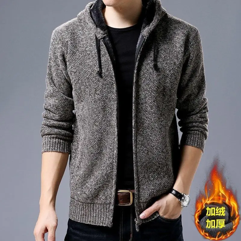 2023 Winter New Men's Solid Color Hooded Baseball Neck Knitted Coat Autumn Multi Color Zipper Jacket Loose Casual Versatile Top