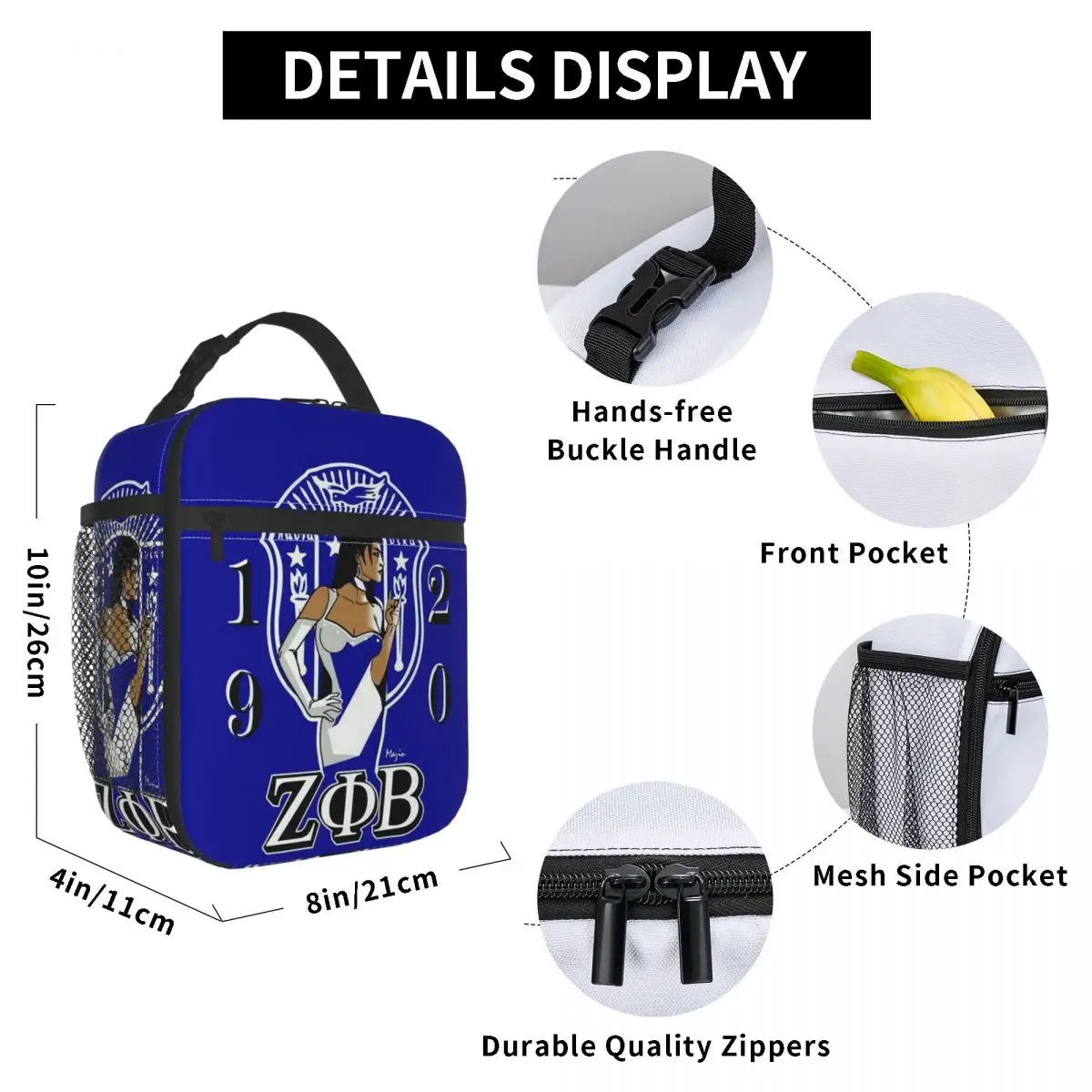 Zeta Phi Beta ZOB Insulated Lunch Bag for Women Waterproof Greek Letter 1920 Thermal Cooler Bento Box Office Work School