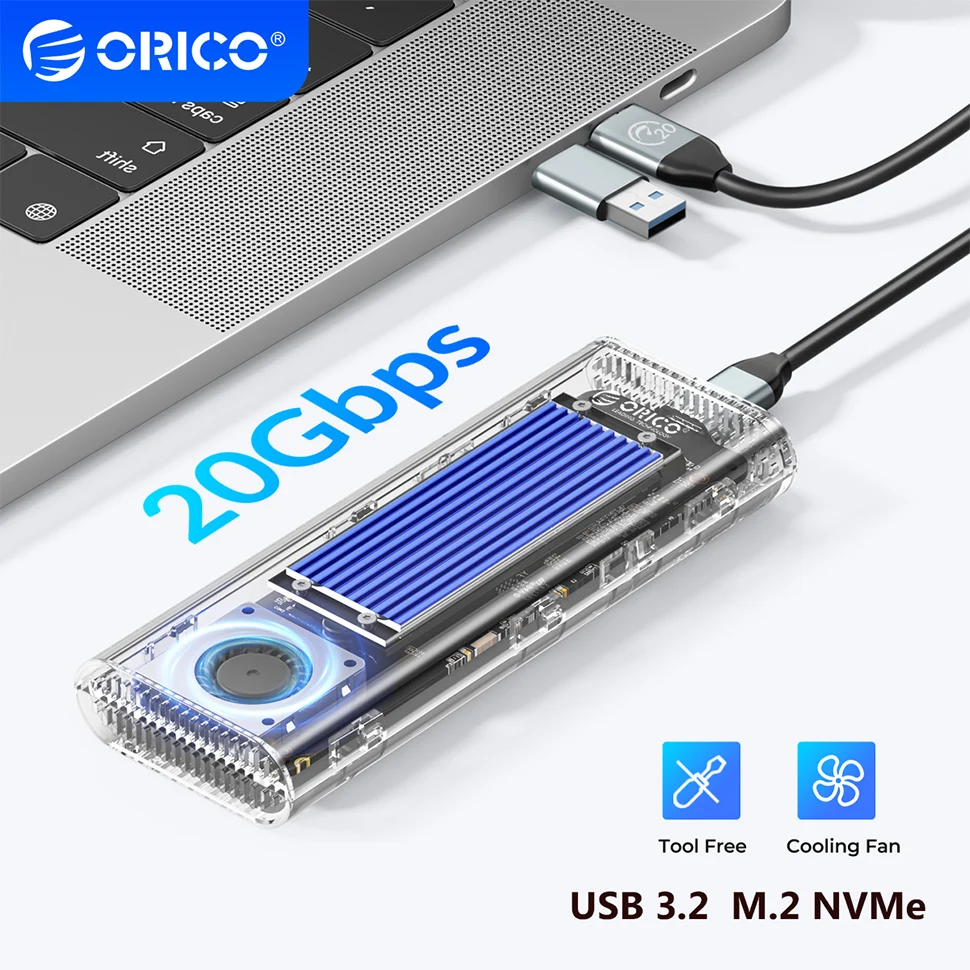 ORICO Boîtier SSD M.2 NVMe 20Gbps USB3.2 Gen2x2 Adaptateur PCIe USB-C Pour M -Key/M B Key SSD 2230/2242/2260/2280, Aluminium Avec Gilet De Refroidissement, UASP, Trim - M207