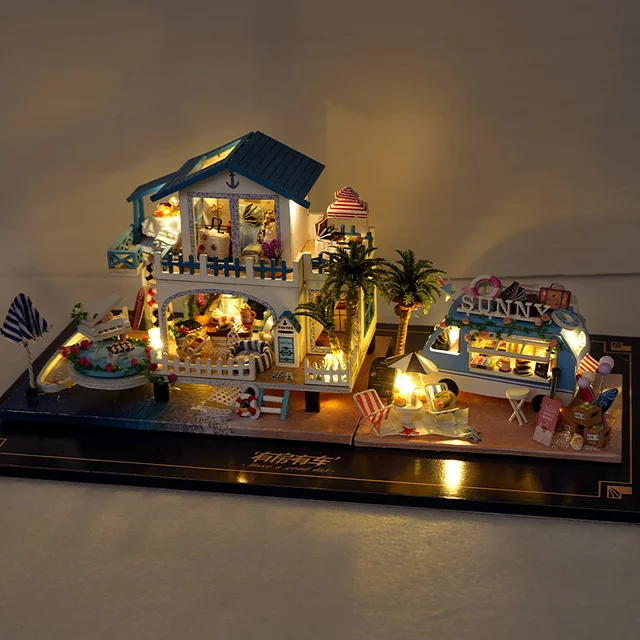 Mini Size Casa DIY Wooden Doll House Kit Miniature with Furniture Blue Ocean Cottage Dollhouse Toys for Friends Girls Xmas Gifts 4