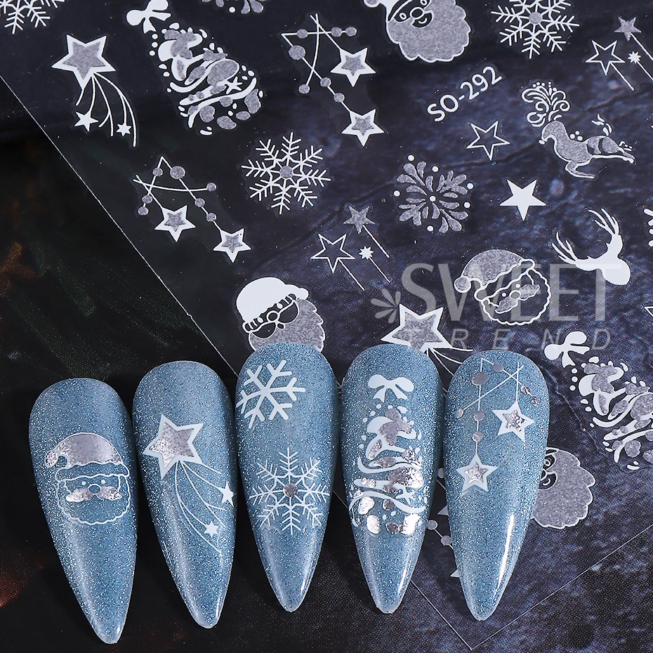 3pcs Glitter Christmas Santa Claus 3D Nail Stickers Xmas Tree Elk Snowflake Ball Bow Adhesive Decals DIY Winter Manicure Decor