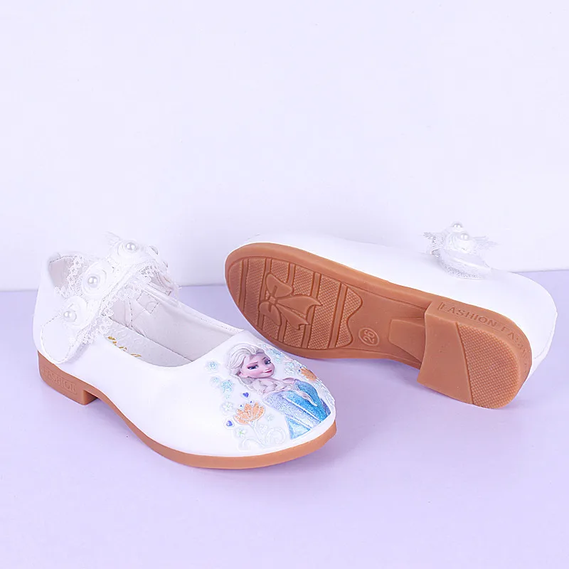 Disney New Kids Elsa Casual Shoes girls Frozen Princess Pink Soft Shoes Children's Cartoon pearl Leather Shoes Size 26-35 child shoes girl