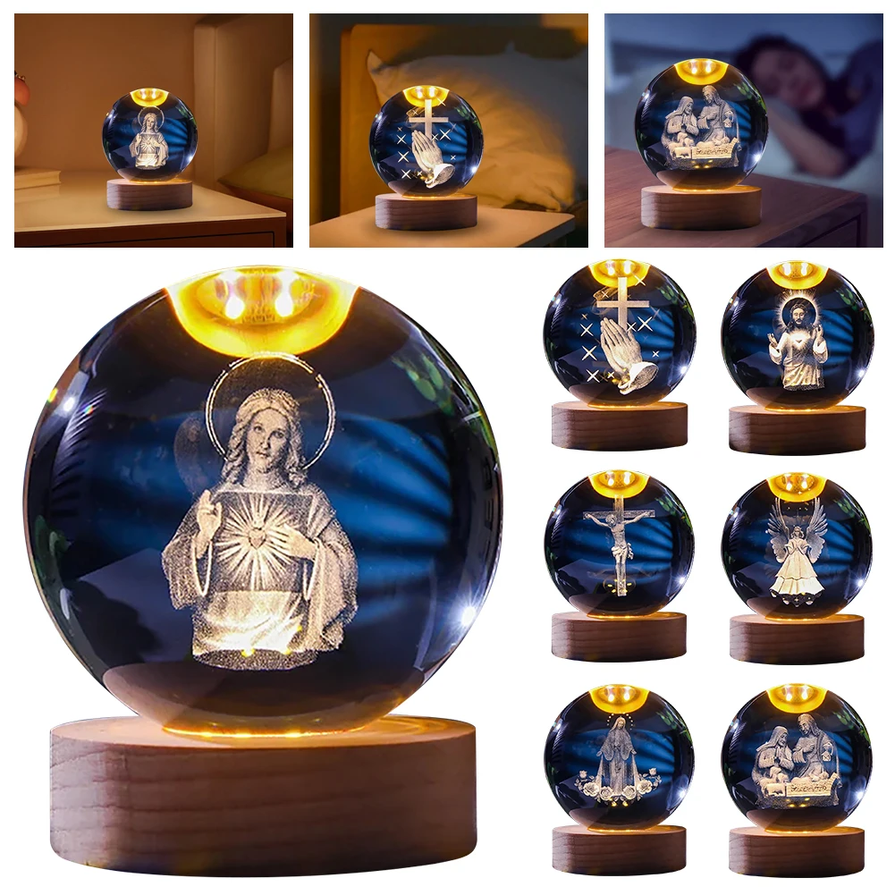 

3D Small Glass Ball Decor with Wooden Base USB Charging LED Crystal Ball Night Light Lighted Crystal Ball for Art Decoration