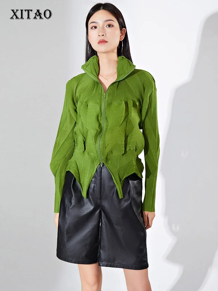 

XITAO Personality Women Shirt Fashion Stand Collar Long Sleeve Zipper Top Solid Color Irregular Folds Shirt Autumn New ZZ0178