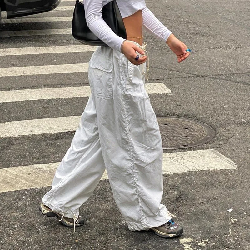 MODX Cross border European and American sports style elastic waist lace up pocket pleated loose casual wide leg pants