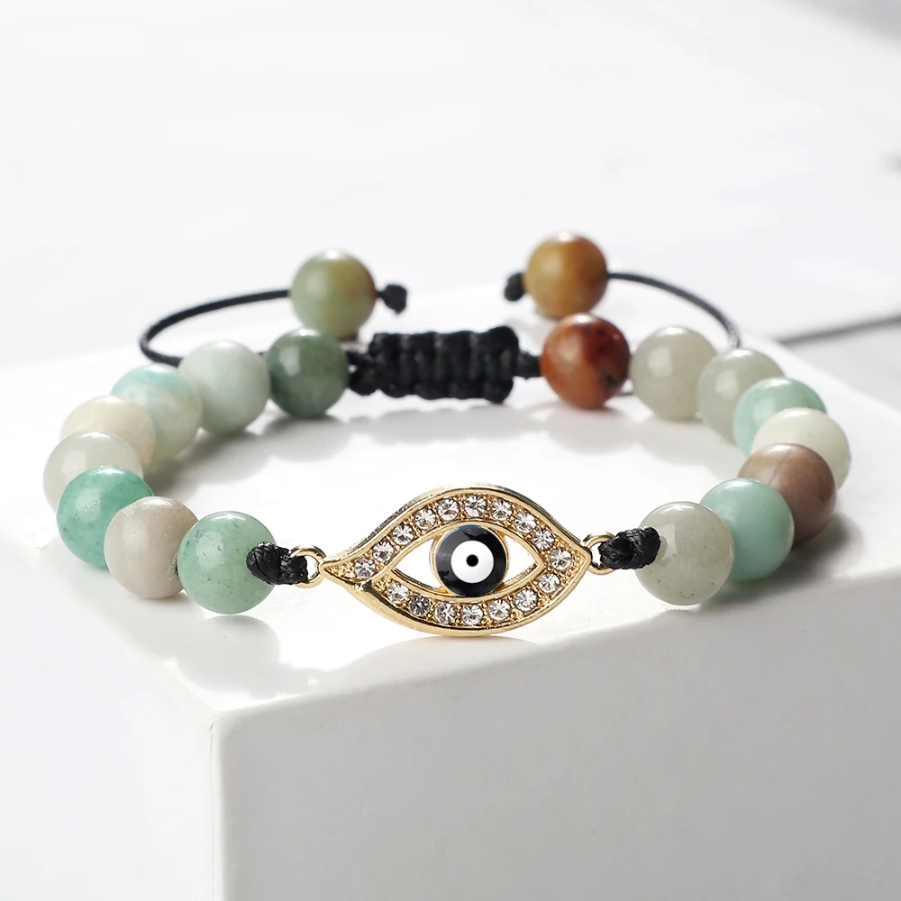 

Natural Stone Bracelets Lucky Crystal Evil Eye Braided Bangles for Women Men 6 8mm Amazonite Beaded Bracelet Spiritual Jewelry