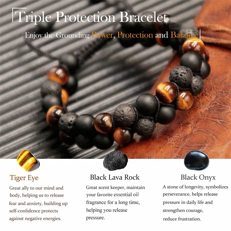 Triple Protection Bracelet for Men Women 8mm Tiger Eye Lava Rock