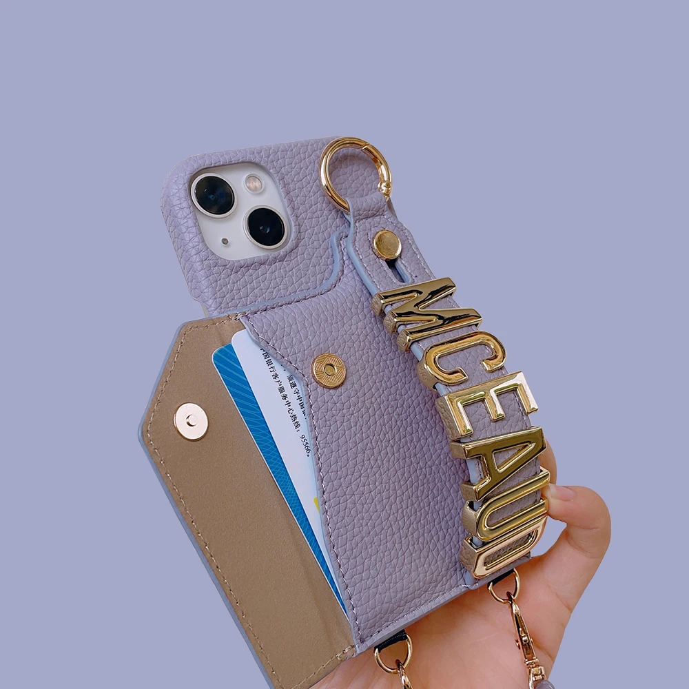 Shoulder Rope With Card Customized Metal Name Letter Personalized Initial Leather Phone Case For Iphone 14 13 12 11 Pro Max