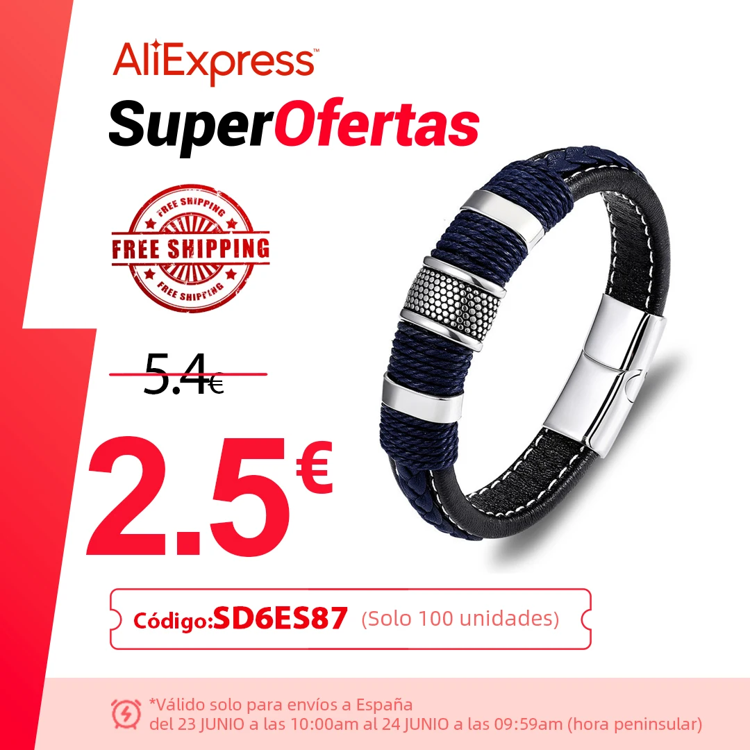 MKENDN-Pulsera Punk de Cuero Genuino Trenzado para Hombre, Brazalete Magnético de Titanio y Acero Inoxidable, Color Azul