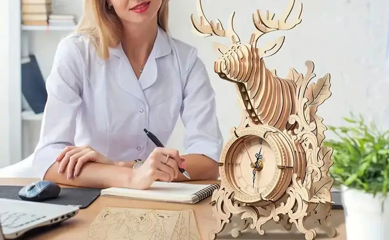 3D Wooden Puzzle Elk Desktop Clock Wooden Puzzle Model Kit for Desk Clock Making Deer Clock Wood Building Kits  Home Decor