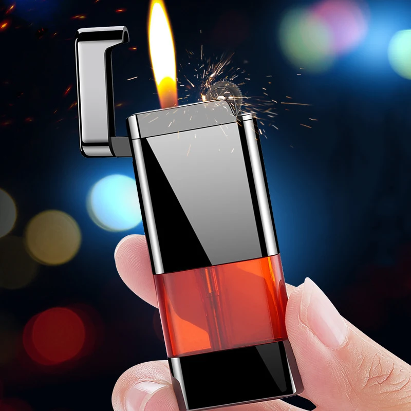 

Metal Ultra Thin Grinding Wheel Torch Cigarette Lighter Jet Windproof Transparent Oil Tank Gas Cigar Lighter Smoking Accessories