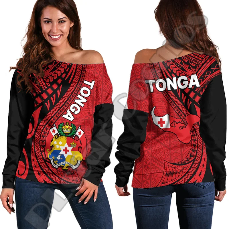 Custom Name Polynesian Tonga Liahona Hight School Tattoo 3DPrint Casual Harajuku Women Off Shoulder Sweatshirts Long Sleeves X2