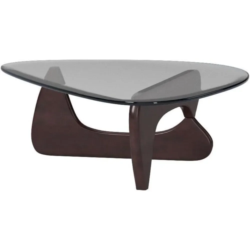 Triangle Coffee Table Modern Noguchi Vintage End Table, Solid Wood Base and Clear Glass Top Accent, for Living Room, Patio(Dark 3