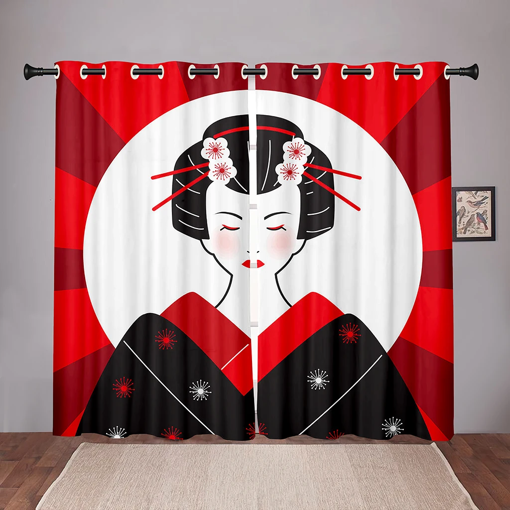 

Thick 2Pieces 90%Shading Japanese Traditional Geisha Woman Blackout Window Curtain For Bedroom Living Room Bathroom Kicthen Door