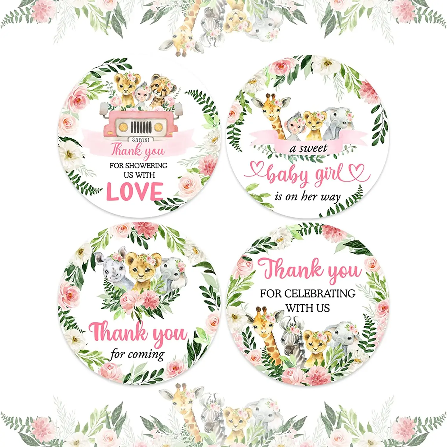 

Jungle Safari Stickers for Girls, Wild Animals Birthday Party Favor Label Decor, Thank You Stickers for Baby Shower