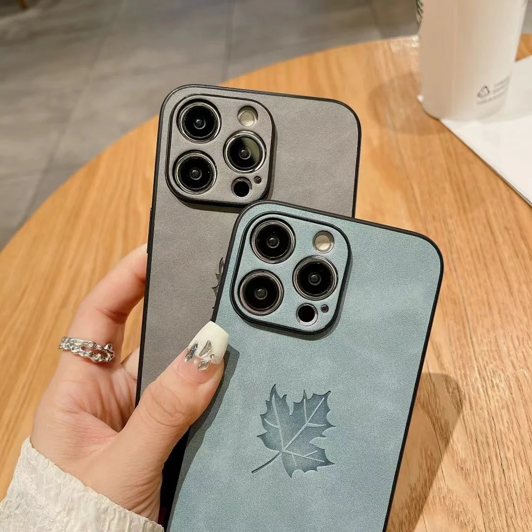 Luxury Maple Pattern Suede Leather Phone Case with Fine Hole Camera and Shockproof Soft Bumper Cover