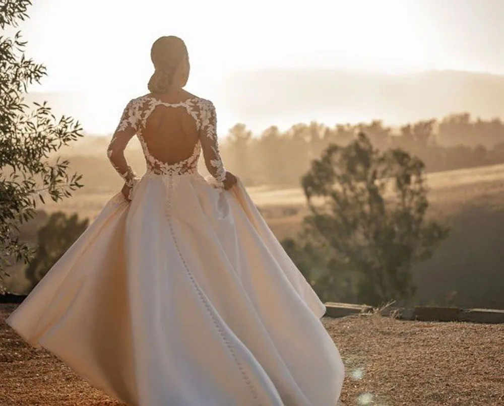SoDigne Backless Boho Wedding Dresses With Pockets Long Sleeves V Neck Lace Bridal Dress Satin Bride Gowns Customized 16 Se3ba0457b8364ffa955a56c8442e5b7fX