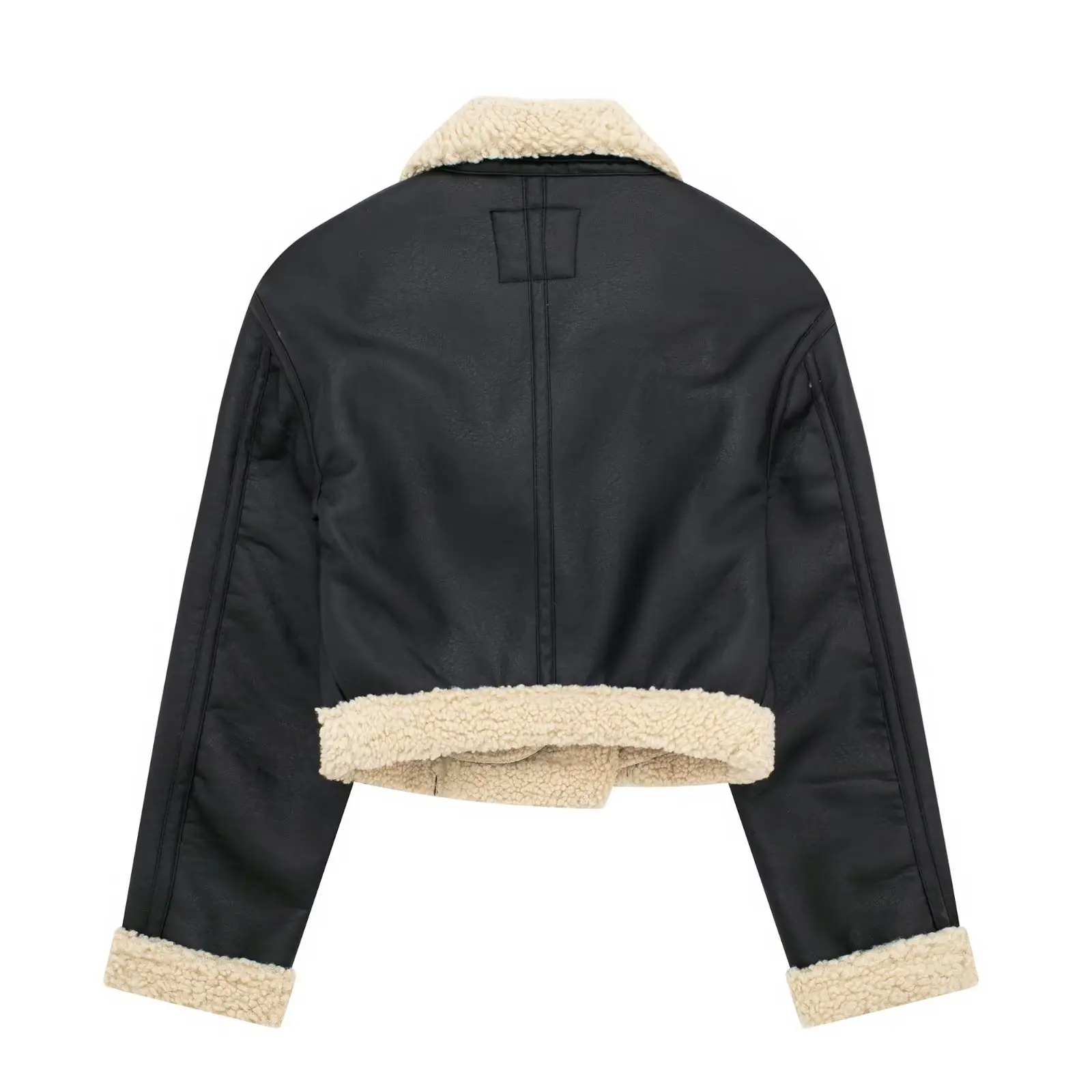 Women Lapel Long sleeve Zipper Stay Warm Coat Biker Outerwear Winter Vintage Double Face Lamb Fur Faux Leather Jacket Black