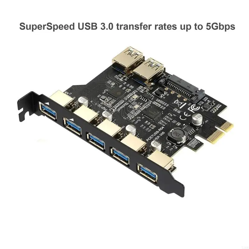T3EE PCIE to USB3.0 Expansion Card Power Supply 7-port USB Extender Small Slot 5Gbps for Hard Drives Game Controllers